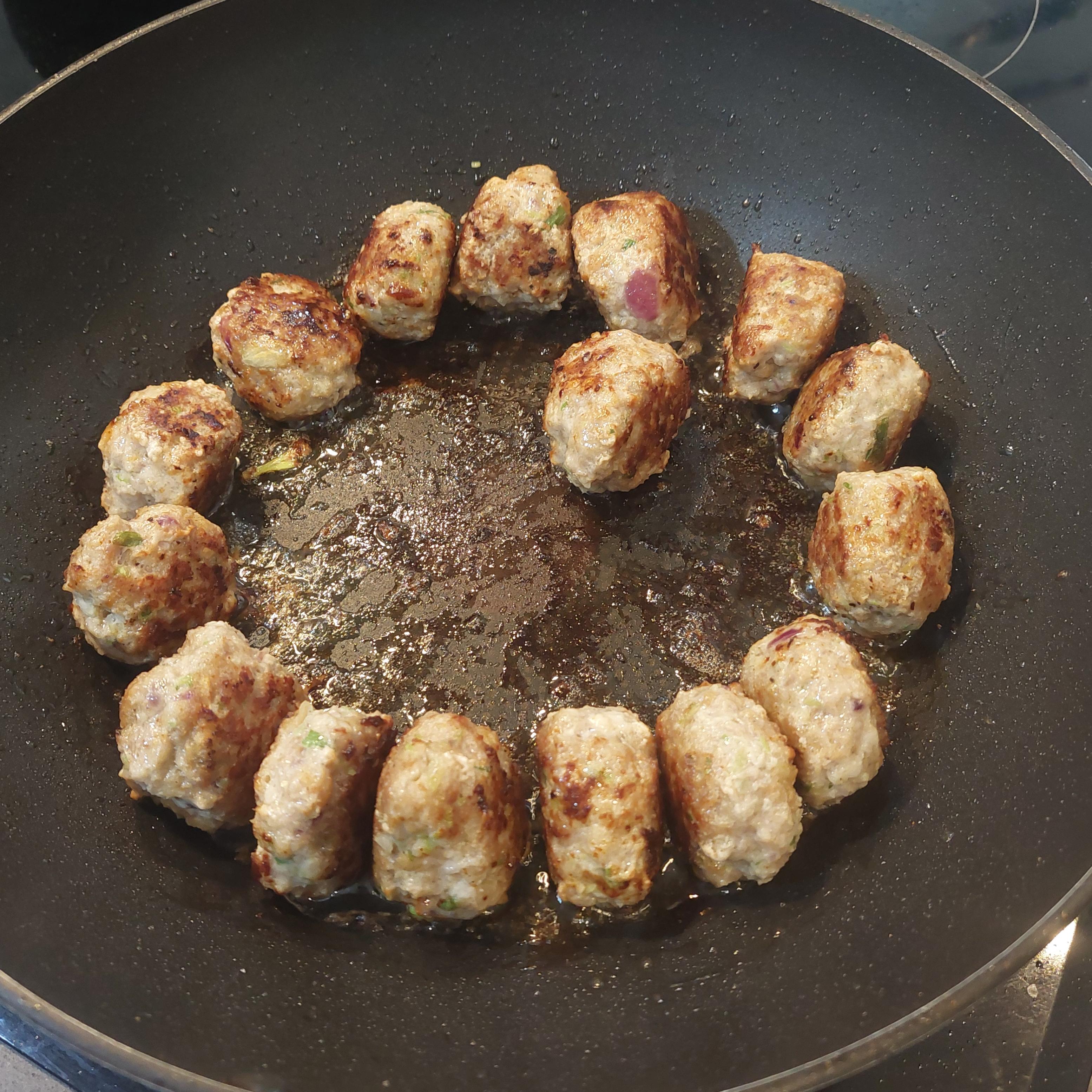 Shape into equal sized balls and fry over medium high heat for 8-10 minutes turning frequently until golden.